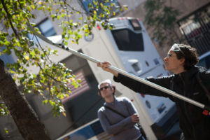 Citizen Pruner using a pole saw to prune a tree