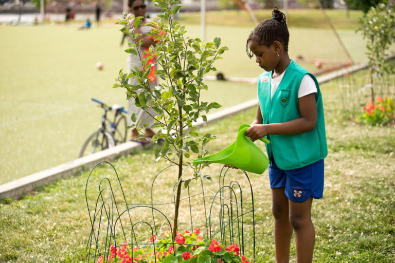 A girl scout watering a small tree with flowers around it